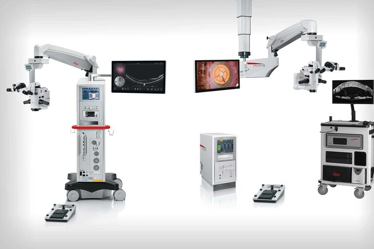 Left: Proveo 8 floor stand microscope with built-in EnFocus intraoperative OCT.
Right: Proveo 8 telescope mount CT42 with external tower unit & EnFocus intraoperative OCT cart solution (standard scan head design).