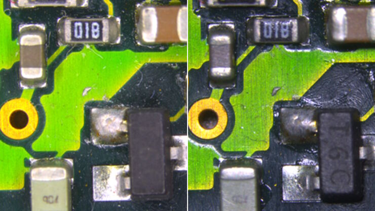 [Translate to korean:] Inspection microscope image of a printed circuit board (PCB) taken with a ring light (RL) and near vertical illumination (NVI).