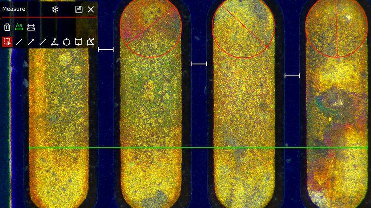 Some 2D measurements, e.g., lengths and areas, made on a PCB sample with a Leica measurement microscope using the Enersight software. Some 2D measurements, e.g., lengths and areas, made on a PCB sample with a Leica measurement microscope using the Enersight software.