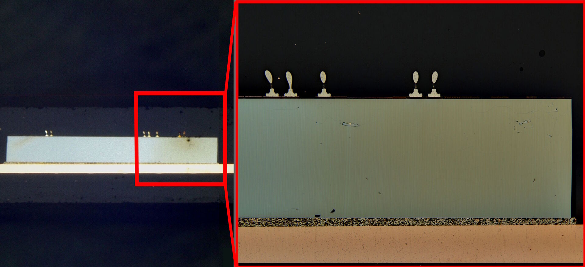 Lichtmikroskopbilder des Querschnitts eines IC-Chips: Links) Übersicht mit geringer Vergrößerung und Rechts) Ansicht mit höherer Vergrößerung des Untersuchungsbereichs (mit rotem Kästchen markiert). Bei höherer Vergrößerung sind weitere Details der Drahtbindung und der Schichten im Chip zu sehen.
