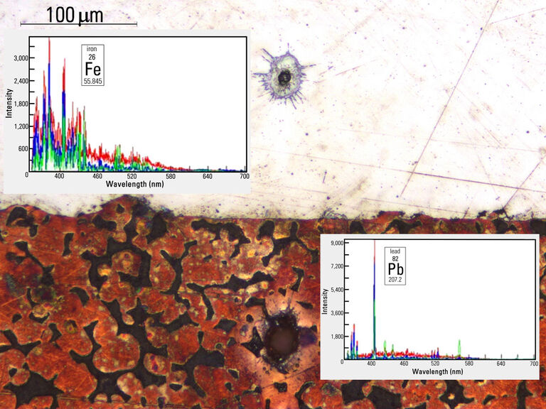 2-In-1 for Rapid, Precise Analysis Examination of a metallic interface with the DM6 M LIBS solution shows a lead layer (lower) over steel (upper).