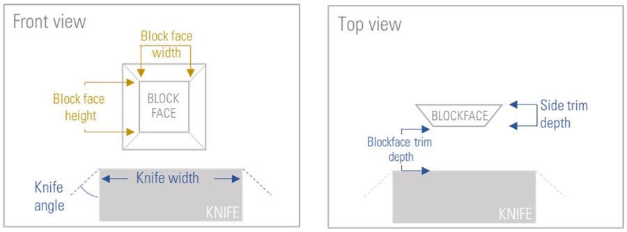 Figure 4: Individual parameters to be given for the desired block-face. Left scheme: Front view onto the sample visualizing the final block-face. Right scheme: Top view onto the block-face and knife.