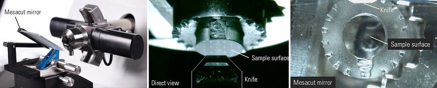 Figure 3: The Mesacut mirror.  Upper image: Mesacut mirror mounted behind the knife to allow a direct, frontal view onto the sample. Middle image: Direct view onto the sample without Mesacut mirror. Lower image: Frontal view onto the sample surface with the Mesacut mirror. Note, that the knife is now above of the sample. Middle and lower image are taken by just moving the stereo microscope back and forth between the two positions meaning that both views can also be achieved simultaneously.