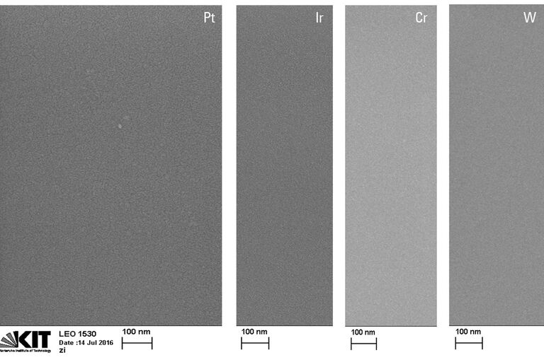 Revestimentos por pulverização catódica fina de 2 nm de espessura de diferentes materiais depositados sobre o subestado SiOx e ampliação de 200 kX. 
