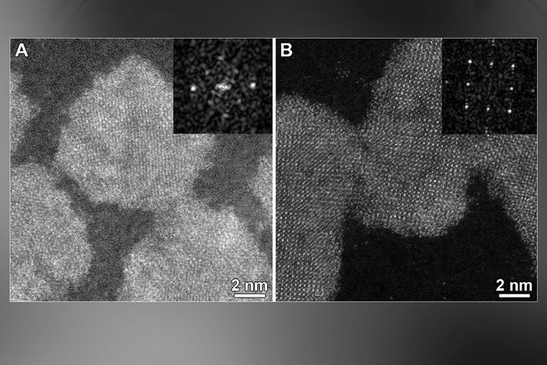 A: película de carbono convencional (carbono de 15 nm); B: película de carbono ultrafina (3 nm). Fácil observação da malha de placas quânticas CdSe. Imagens adquiridas por Eva Bladt e Sara Bals (EMAT, Universidade da Antuérpia), Bélgica. Cortesia de: Frederic Leroux e Jan de Weert. Amostra de cortesia de: Daniel Vanmaekelbergh, Instituto Debye para Ciência de Nanomateriais, Universidade de Utrecht