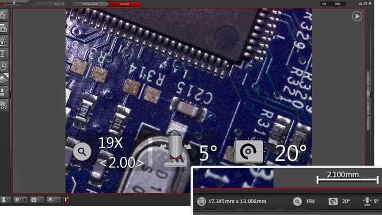 The microscope image shows the encoded parameters: total magnfication (19x), zoom factor (2.00), head tilt (5°), sample rotation (20°), and field of view (17 x 13 mm).