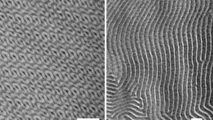 TEM micrographs of polymer sections. Left: Poly(styrene)-b-poly(isoprene). Right: Poly(styrene)-b-poly(methyl methacrylate). TEM micrographs of polymer sections. Left: Poly(styrene)-b-poly(isoprene). Right: Poly(styrene)-b-poly(methyl methacrylate).