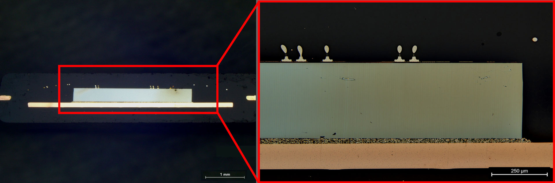 Querschnittpräparation und Analyse eines integrierten Schaltkreises (IC-Chip). Der Querschnitt wurde mit dem EM TXP-System präpariert und mit der DM6 M LIBS 2-Methoden-in-1-Lösung analysiert.