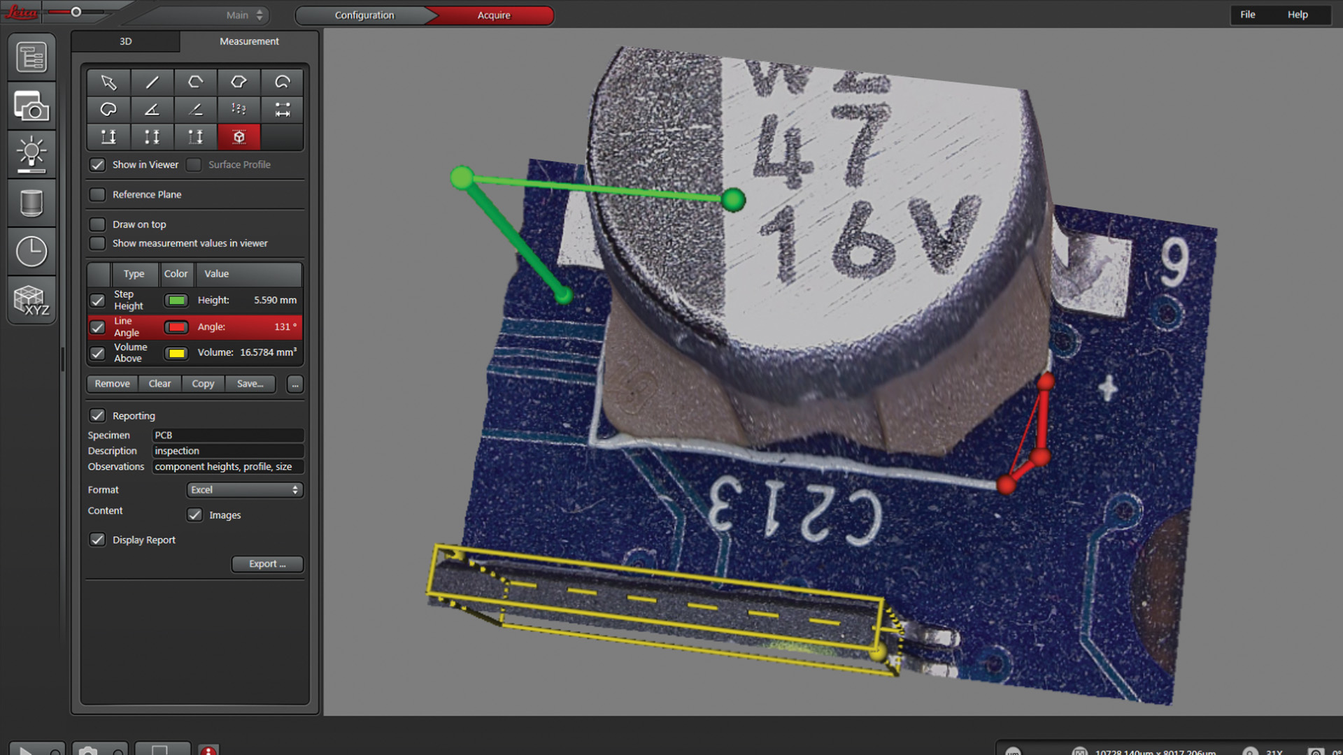 Imagem de um componente de PCBA obtida em 3D usando um microscópio digital.